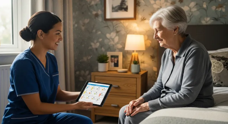 Caregiver assisting resident with morning medications